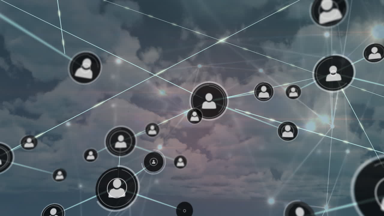 Animation of network of connections with people icons over sky and clouds
