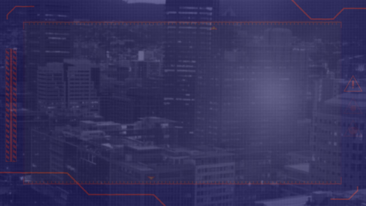 animación de la interfaz con el procesamiento de datos frente a una vista aérea del paisaje urbano