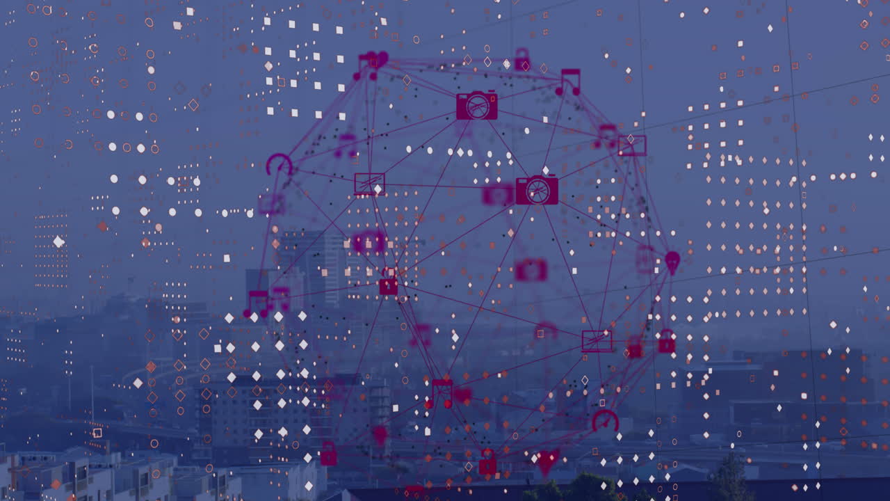 도시 풍경의 공중 전망에 대한 디지털 아이콘과 점 패턴의 지구의 애니메이션