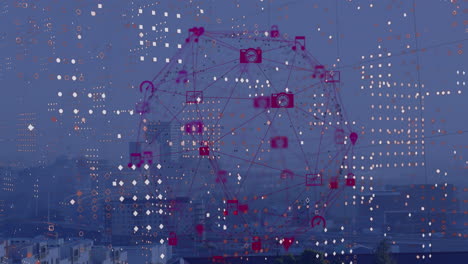 animation eines globus mit digitalen symbolen und punktenmustern gegen eine luftansicht des stadtbilds.