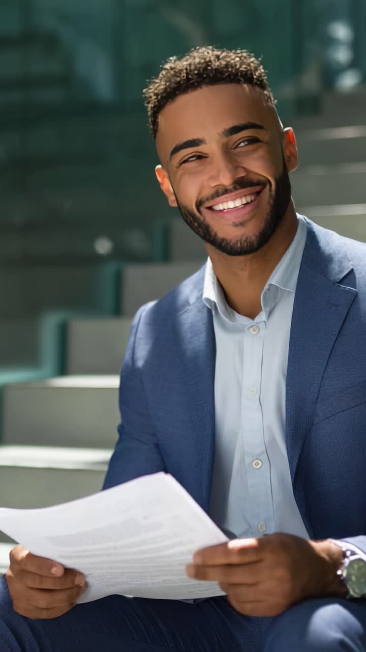 Jovem profissional alegre, em um traje elegante, segurando documentos com um sorriso radiante enquanto está sentado nas escadas, transmitindo confiança e positividade em um ambiente moderno