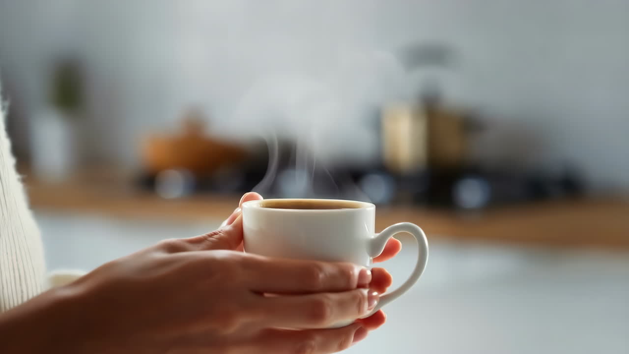 Person holding a steaming cup of coffee