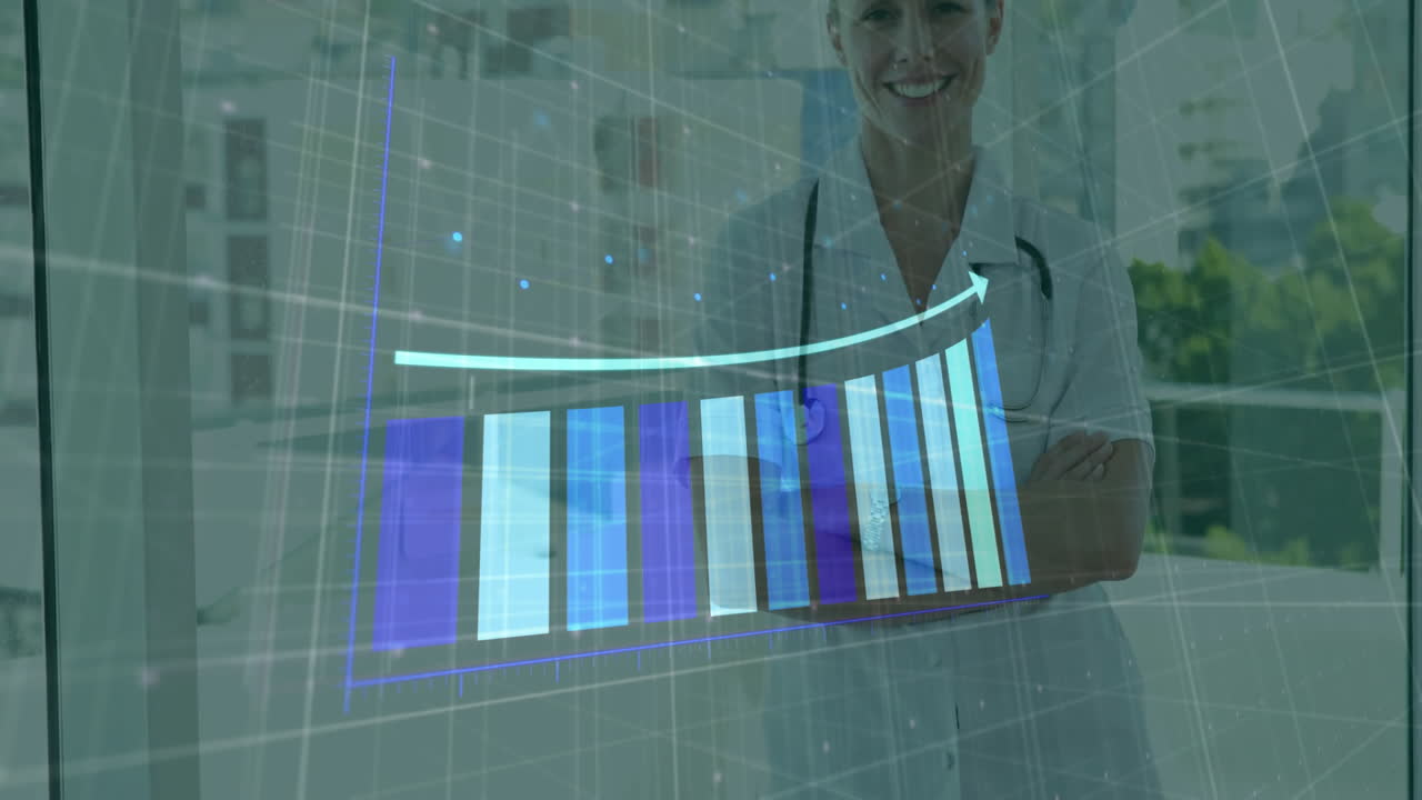 Rising bar chart animation over smiling medical professional in hospital