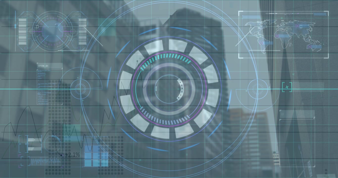 Animación del procesamiento de datos sobre paisaje urbano