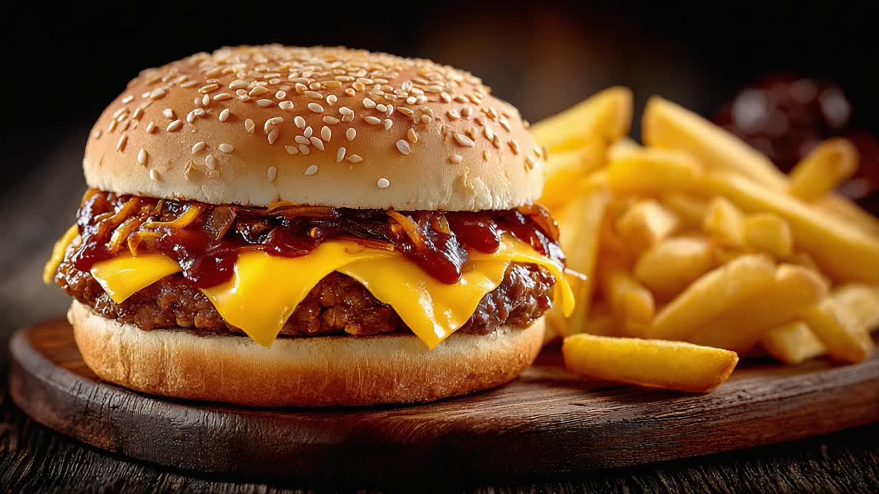Cheeseburger ricco con salsa BBQ, formaggio fuso e patatine fritte croccanti su un tagliere di legno, per catturare l'essenza indulgente del comfort food