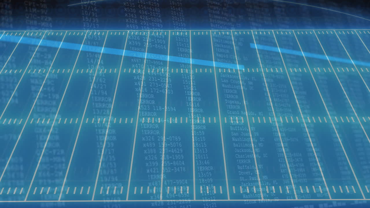 Football field with yard lines and data processing animation over blue background