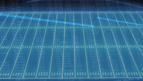 football field with yard lines and data processing animation over blue background