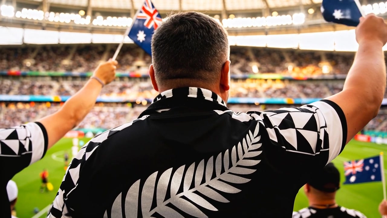 Tifoso che reagisce alzando le braccia a un'azione di gioco in campo dagli spalti, sventolando bandiere australiane e indossando una maglia con felce