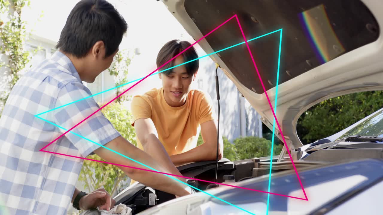 Adult man leaning into engine, inspecting coolant and teaching teen male, neon triangles overlay