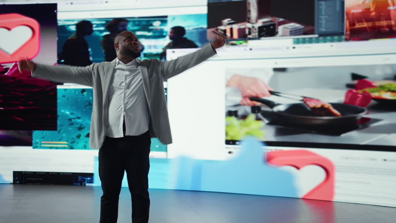 Upbeat person facing video wall, enjoying digital age lifestyle