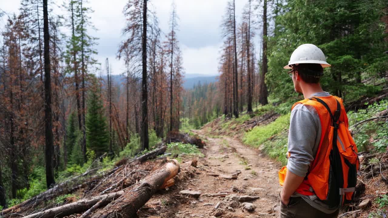 Metsänvartija kävelee kunnostetulla alueella ja tarkkailee luonnonmaiseman toipumista maastopalon jälkeen suojavarusteissa ja innostuneena