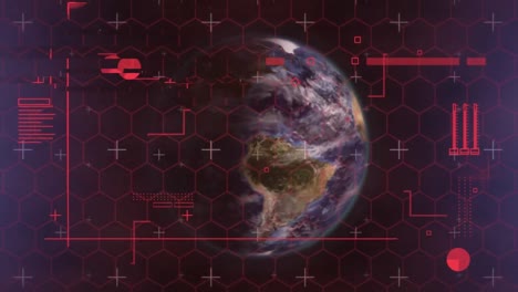 interfaz digital con procesamiento de datos contra el giro del globo sobre fondo púrpura