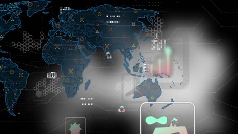 Animación-De-Múltiples-Iconos-Digitales-Y-Mapa-Mundial-Sobre-Fondo-Gris-Degradado