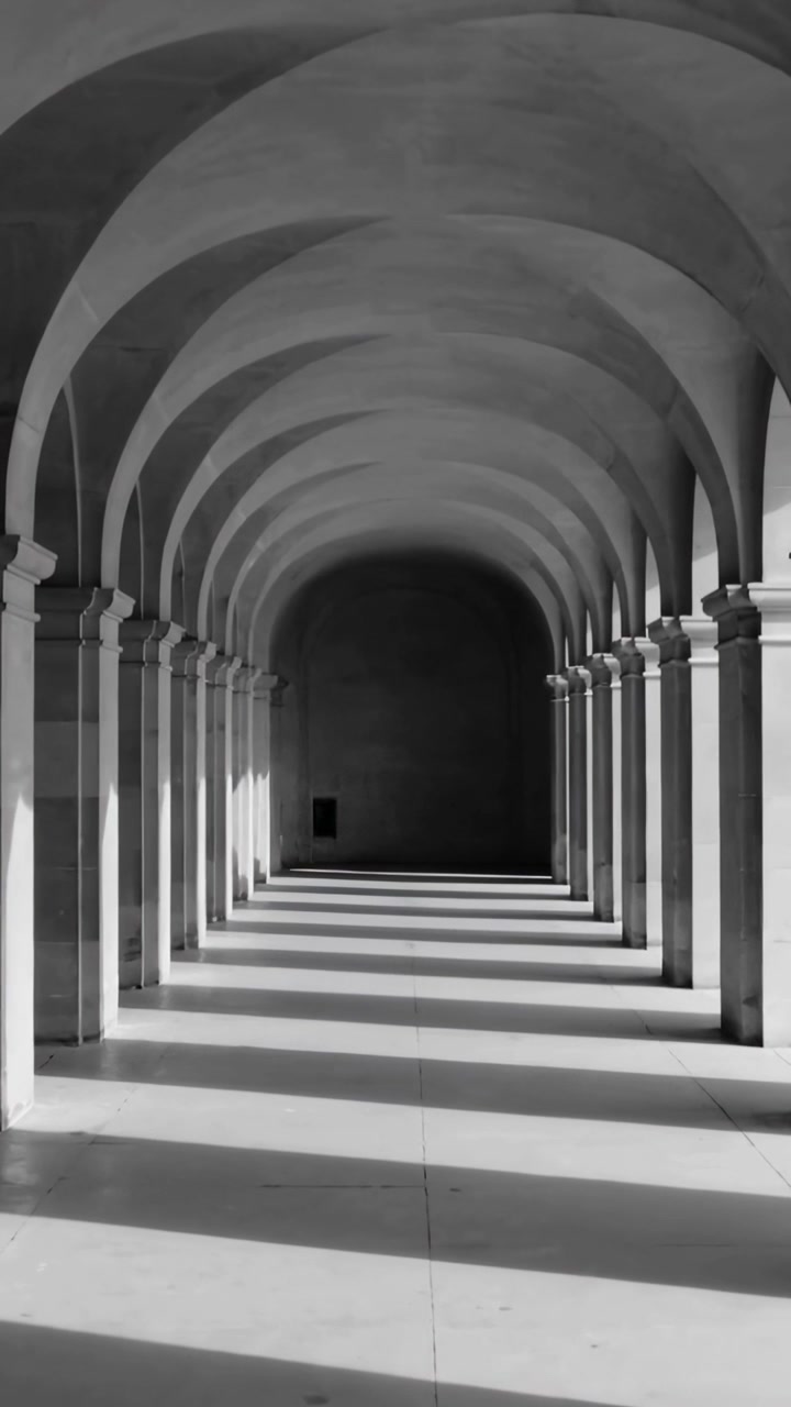 Vertical video: Pushing camera forward, showing arched arcade inside, columns, recess to show depth