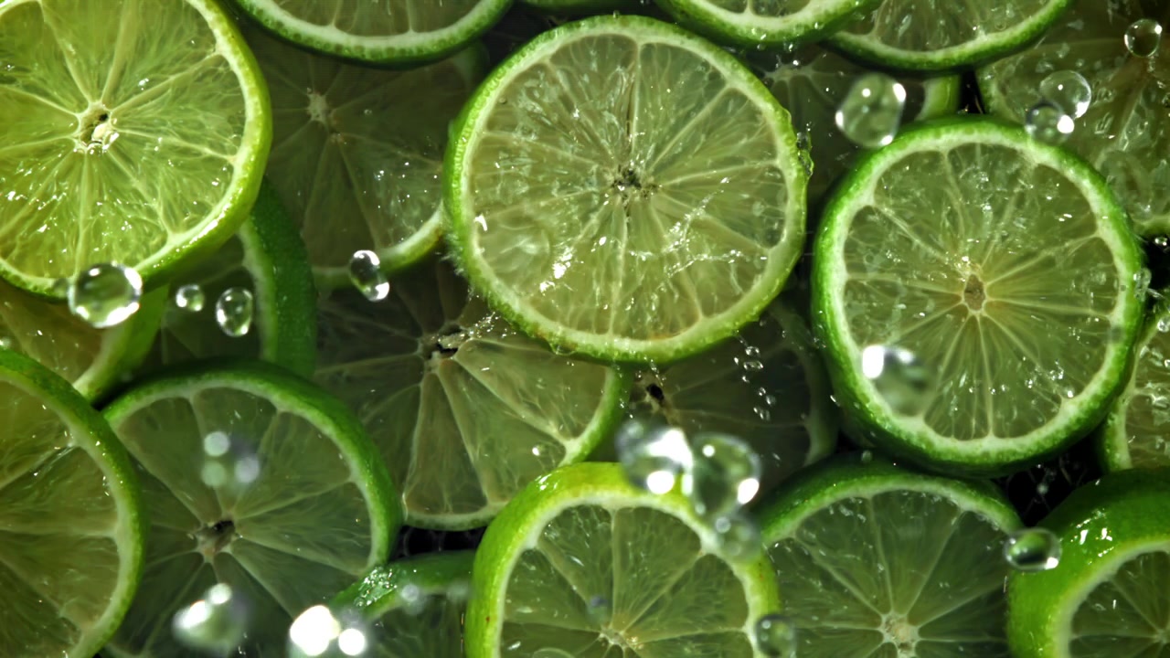 Gocce d'acqua rinfrescanti che cadono su fette di lime succose