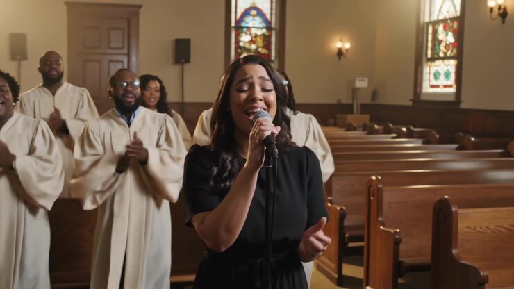Singing solo in black dress holding wired mic at church chord starting worship choir robes clapping