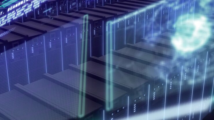 Animation of data processing over computer server background