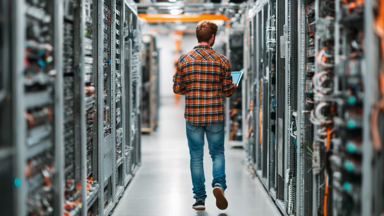 A technician navigating through a modern data center, analyzing information on a tablet while surrounded by rows of server racks and high-tech equipment