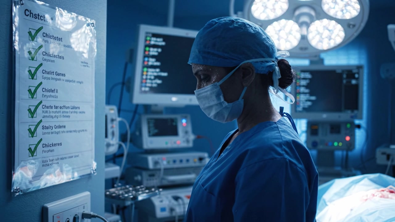 Healthcare Professional Reviewing Surgical Checklist in Operating Room: Ensuring Safety and Accuracy Before Proceeding with Patient Care and Surgical Procedures