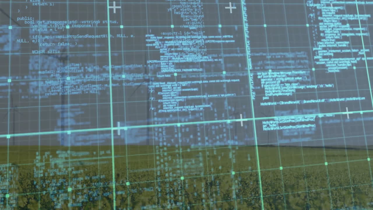 Digital code overlay floating above rural meadow, showing turquoise grid lines, UI control tags