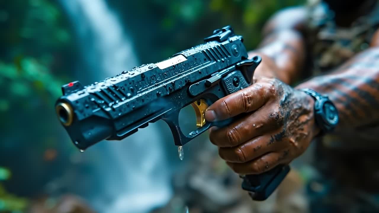 A man holding a handgun in front of a waterfall