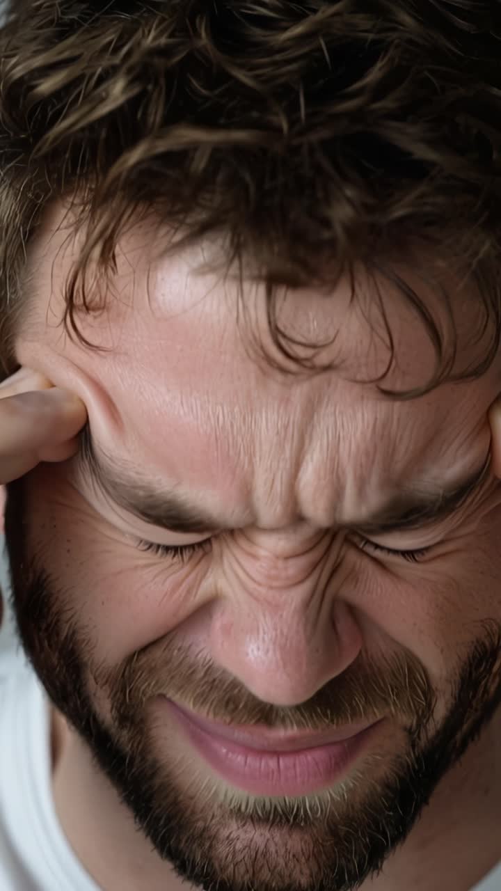 Un uomo si tiene la testa, occhi chiusi, in profondo disagio. Ha capelli scuri e la barba, e indossa una semplice camicia bianca. Il suo viso mostra dolore, forse a causa di emicrania o stress.