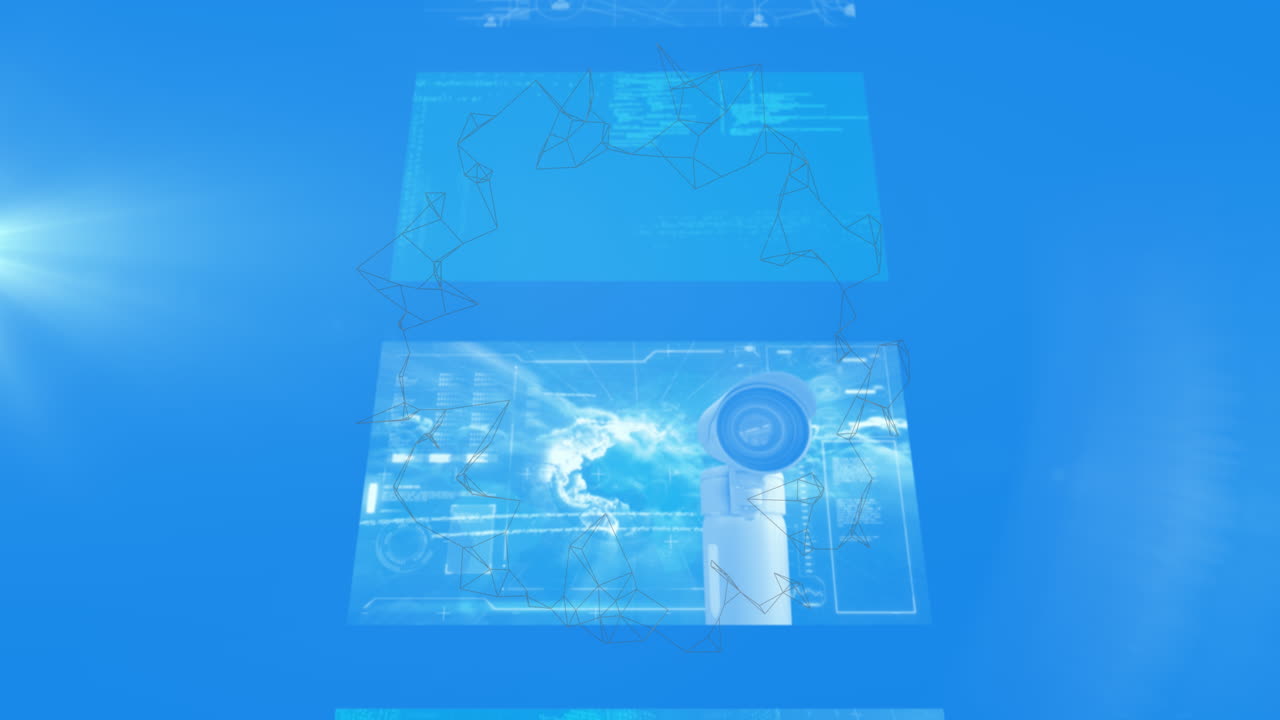 파란색 배경의 화면에서 회전하는 연결의 애니메이션과 의료 데이터 처리