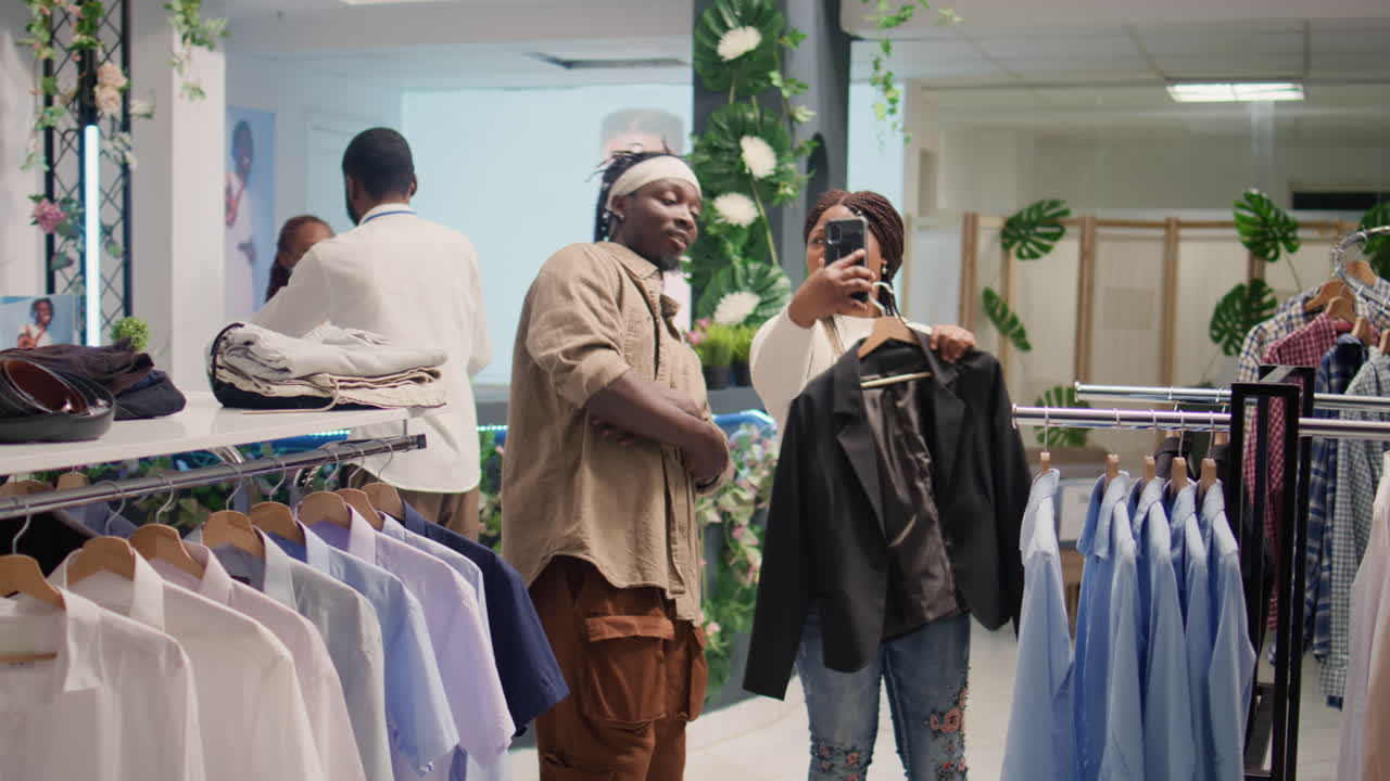 pareja infeliz con la ropa en la tienda
