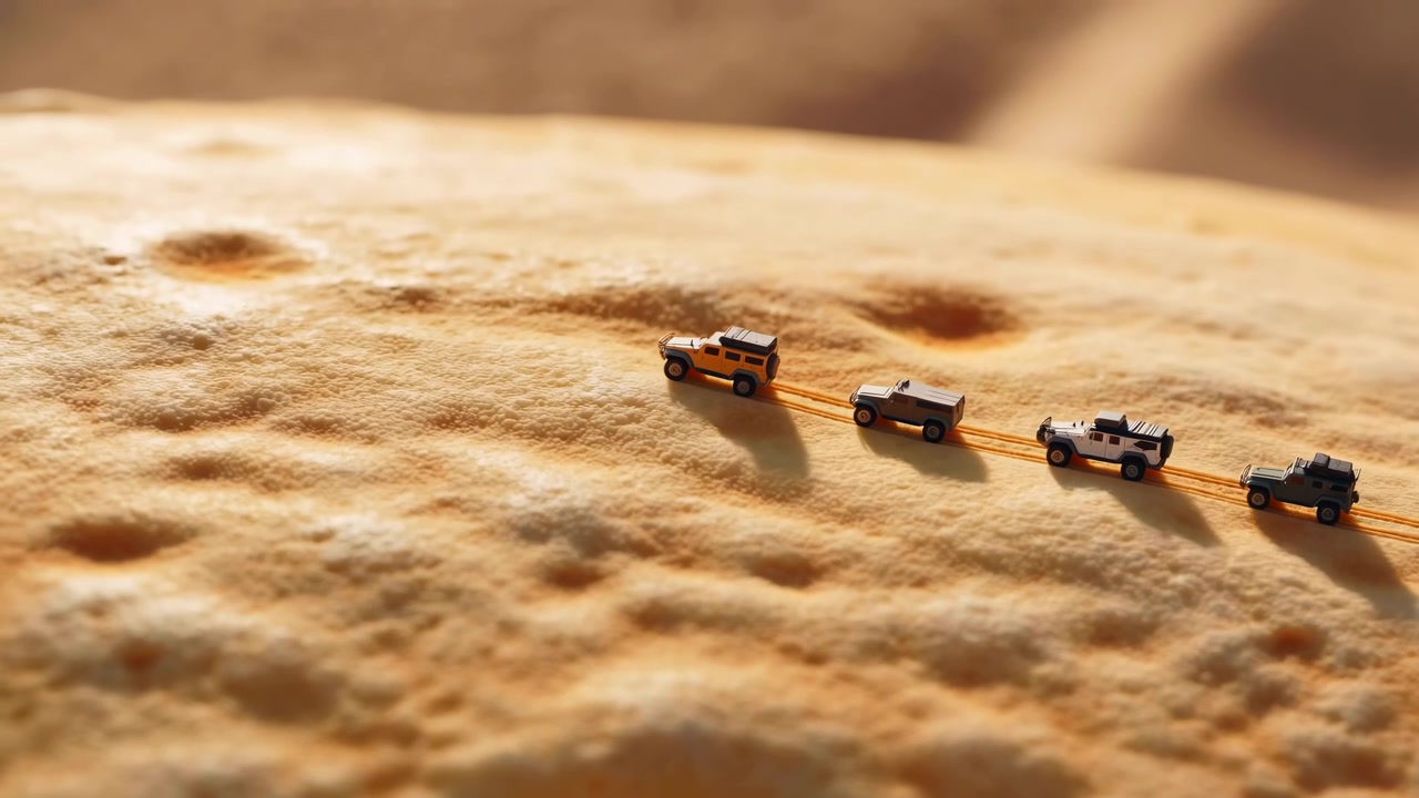 Four small die-cast off-road SUVs travel in single file across porous golden surface that reads like sand or baked flatbread