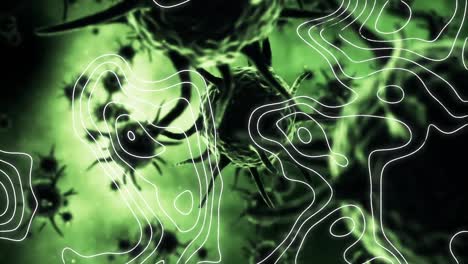 animación de la carta topográfica que se mueve sobre las células flotantes de covid 19, en verde