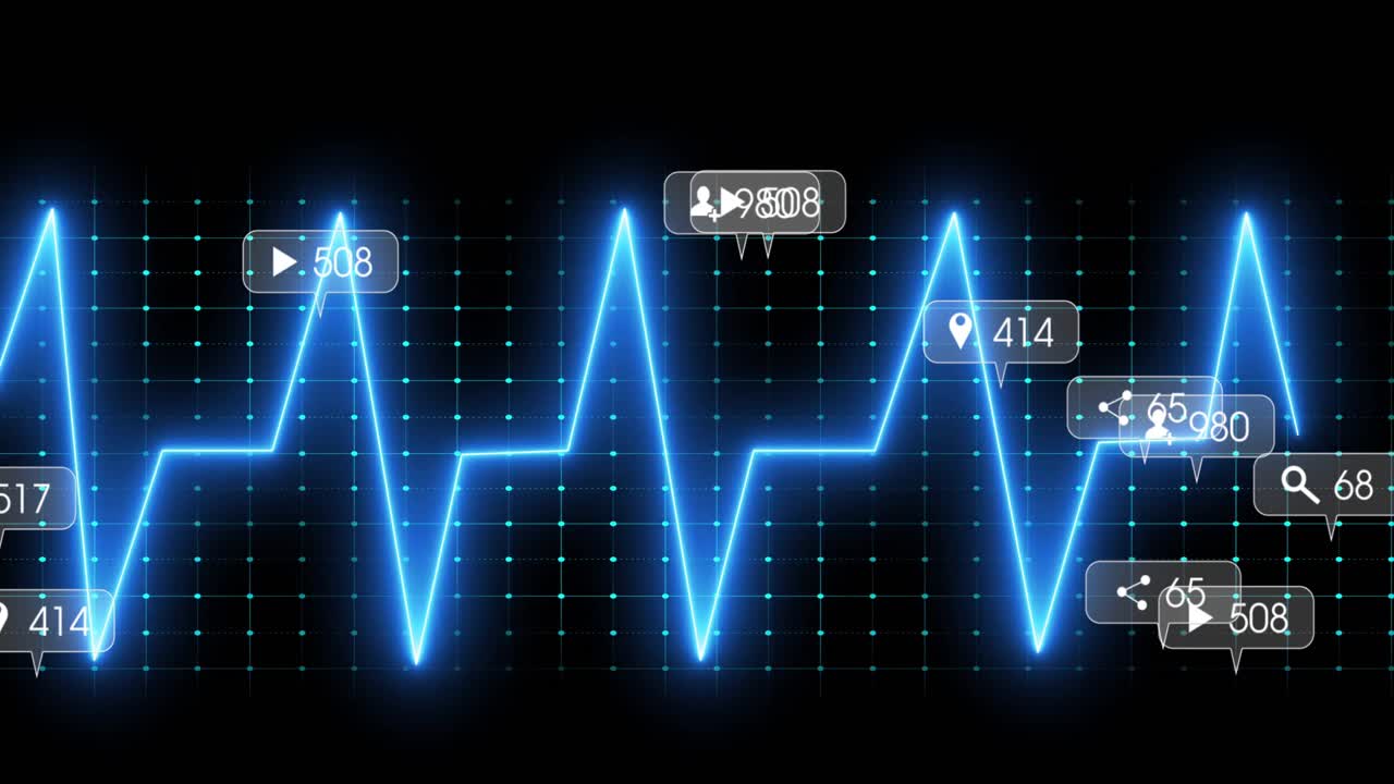 Forma d'onda in stile ECG neon piatto che pulsa su una griglia scura che mostra icone di notifica fluttuanti