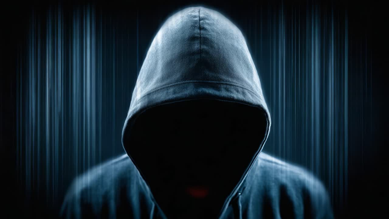 A Mysterious Figure in a Hooded Cloak Stands Against a Dark Background Featuring Striking Vertical Lines of Light, Eliciting an Intriguing Atmosphere of Suspense