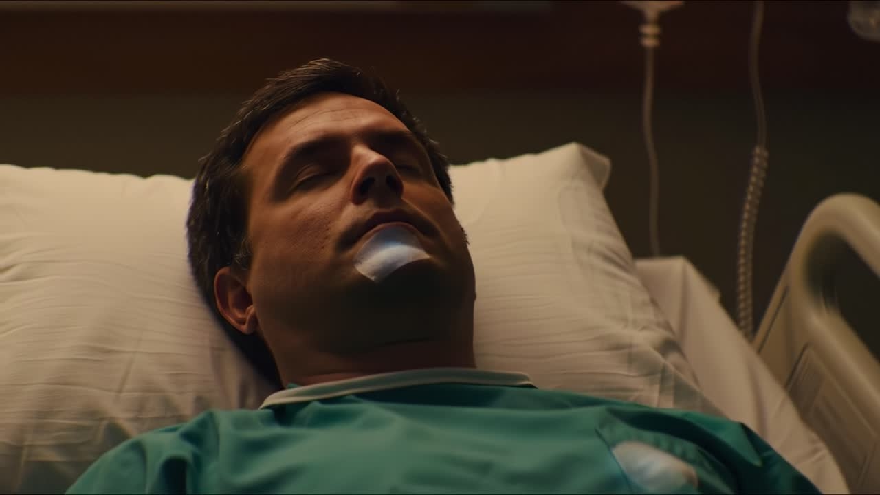 A man lies in a hospital bed, recovering from surgery with medical equipment surrounding him. His expression is calm as he rests under soft lighting, suggesting a late-night setting.