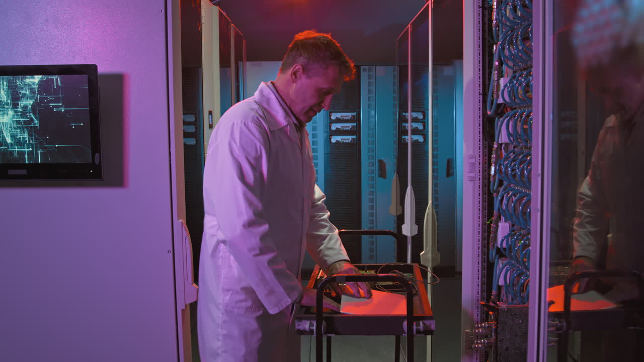 Middle-Aged IT Specialist Checking Equipment in Data Center
