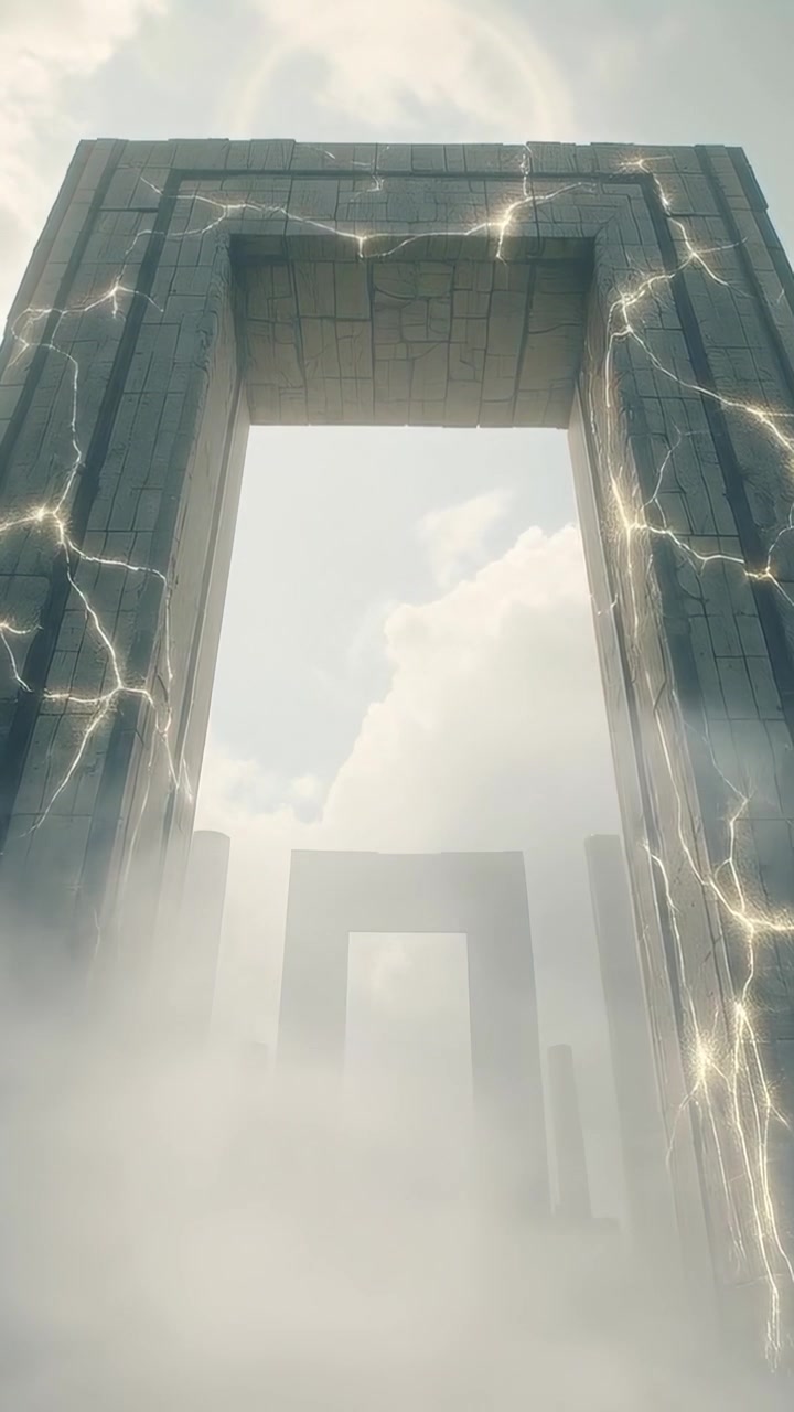 Video verticale: Arco principale che avanza formando crepe illuminate sulla parete destra sopra la nebbia, rivelando archi.