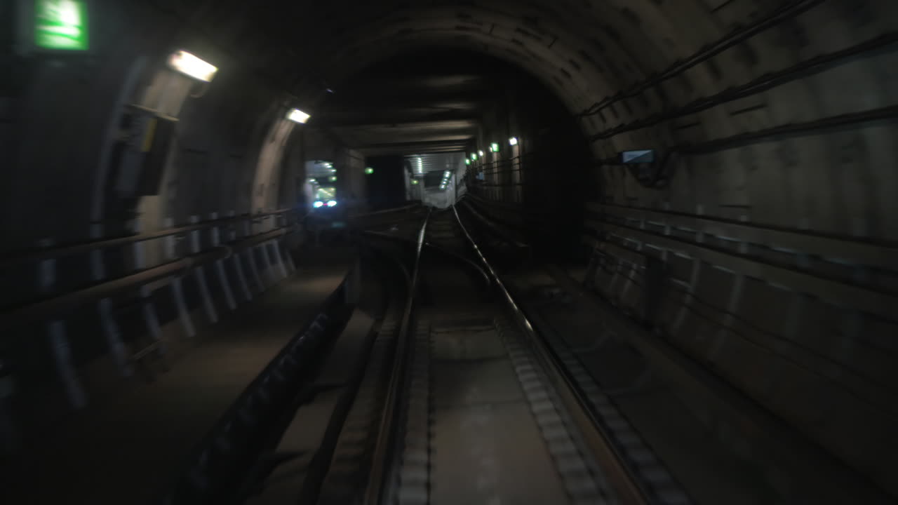tren de metro moviéndose en el túnel y llegando a la estación