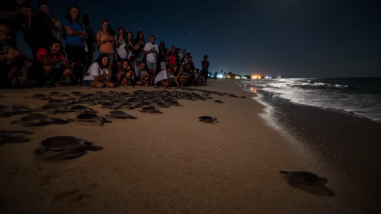 Sea Turtle Hatchlings Released on the Beach at Night