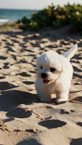cute maltese puppy running on the beach