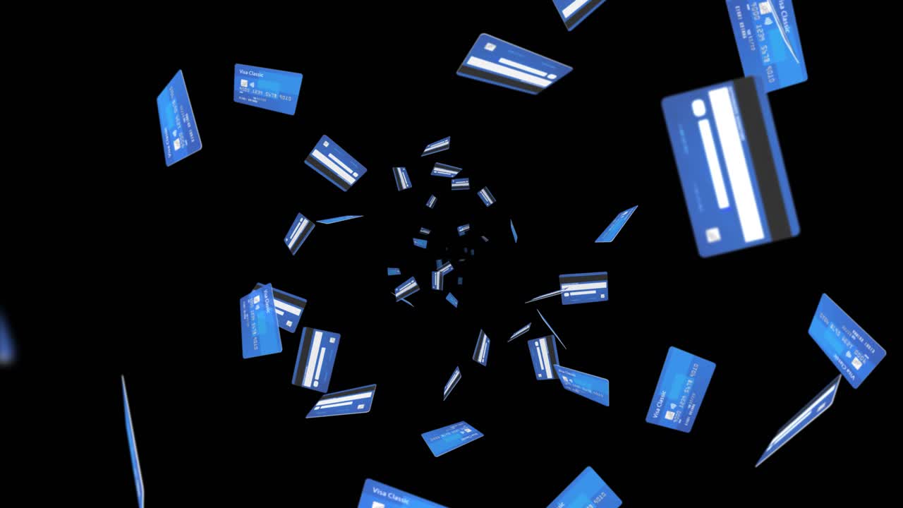 Debit and credit cards rain falling on background consumerism debt household finance shopping online