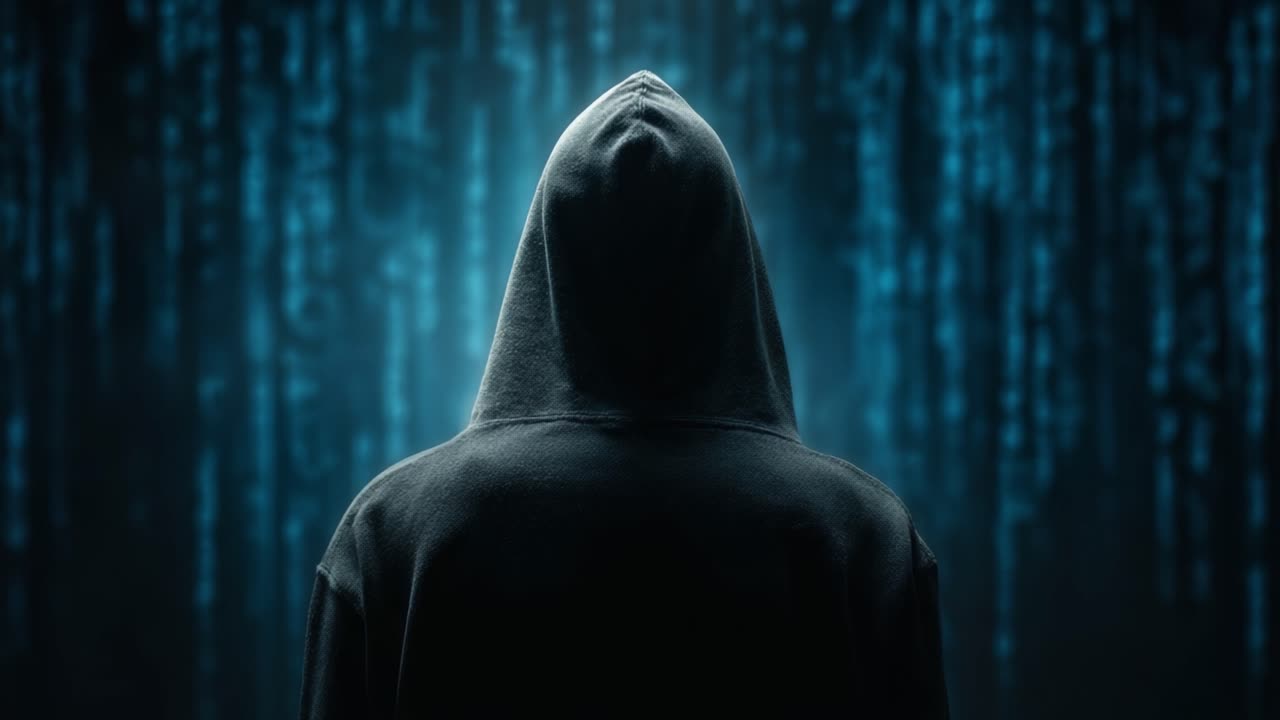 A mysterious figure cloaked in a dark hoodie stands before a shimmering backdrop of swirling digital code, embodying the essence of anonymity and technology's influence