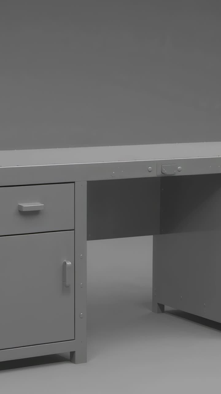 Dikey video: Metal çalışma masasının altında parlak bir alanı gösteren duvarı ortaya çıkarmak için yukarı doğru kayan kamera
