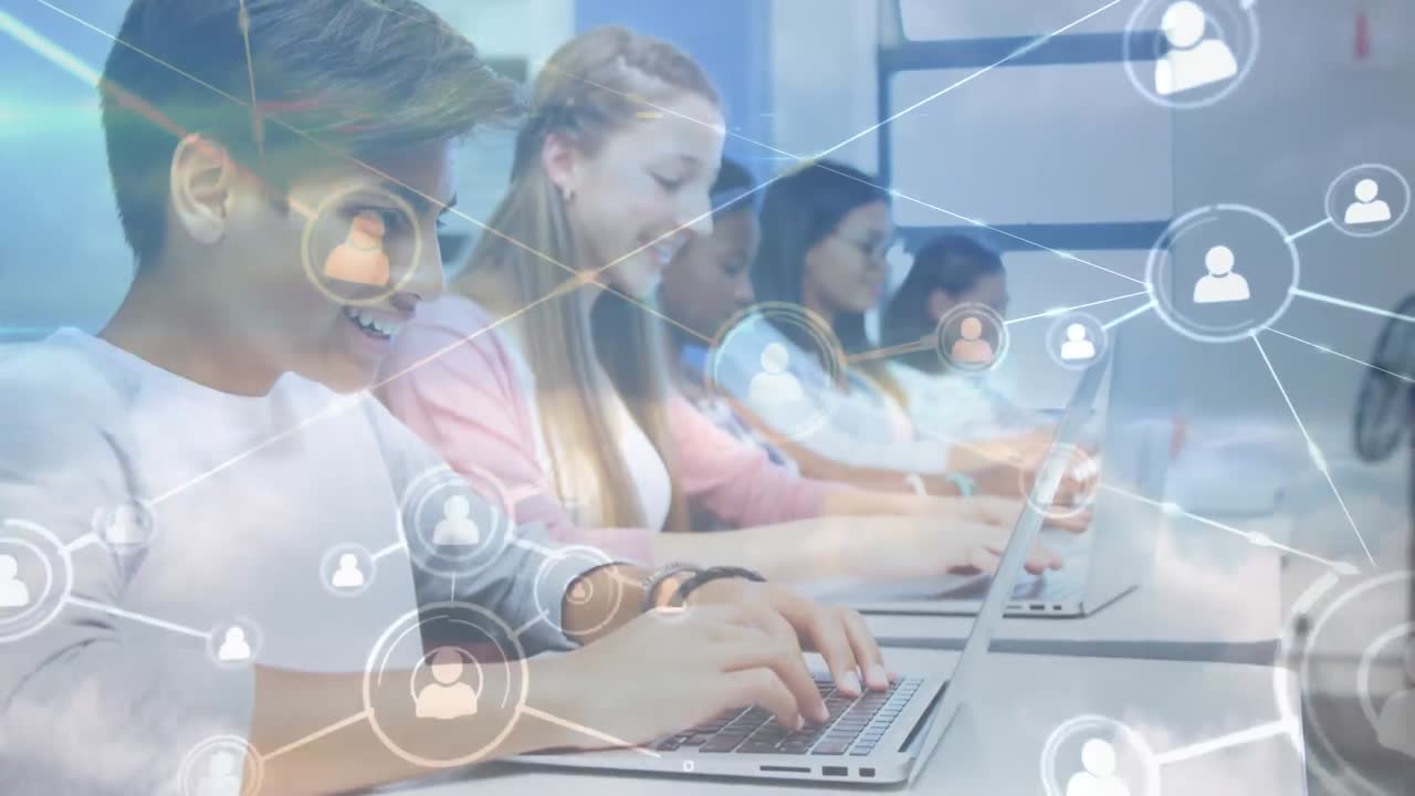 Animation of networks of connections with icons over school children using laptops