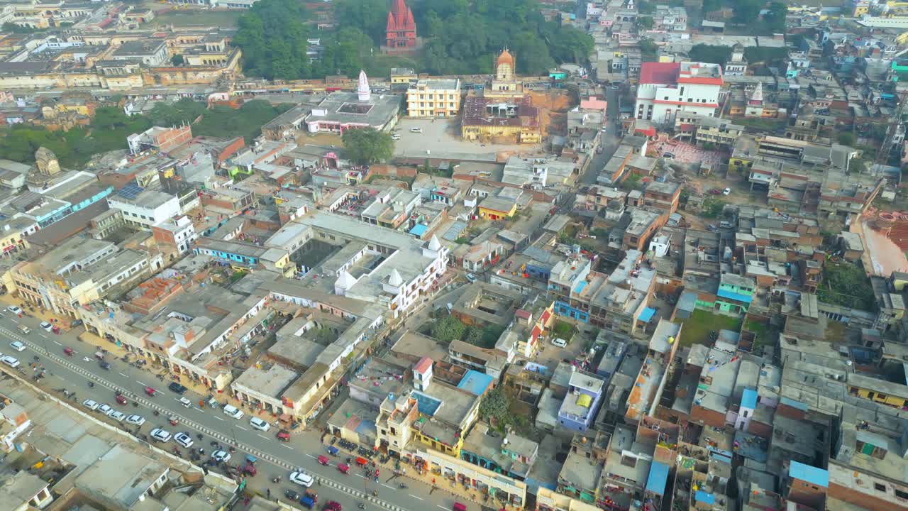 ayodhya vista de avión no tripulado de shri ram mandir, shri hanuman garhi mandir, lata mangeshkar chowk y ram ki paidi ghats