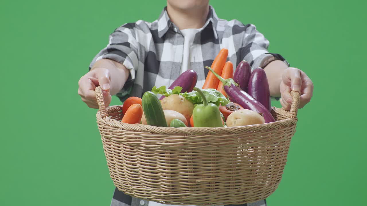 un granjero asiático que da una canasta con verduras y sonríe cálidamente en el fondo de la pantalla verde en el estudio
