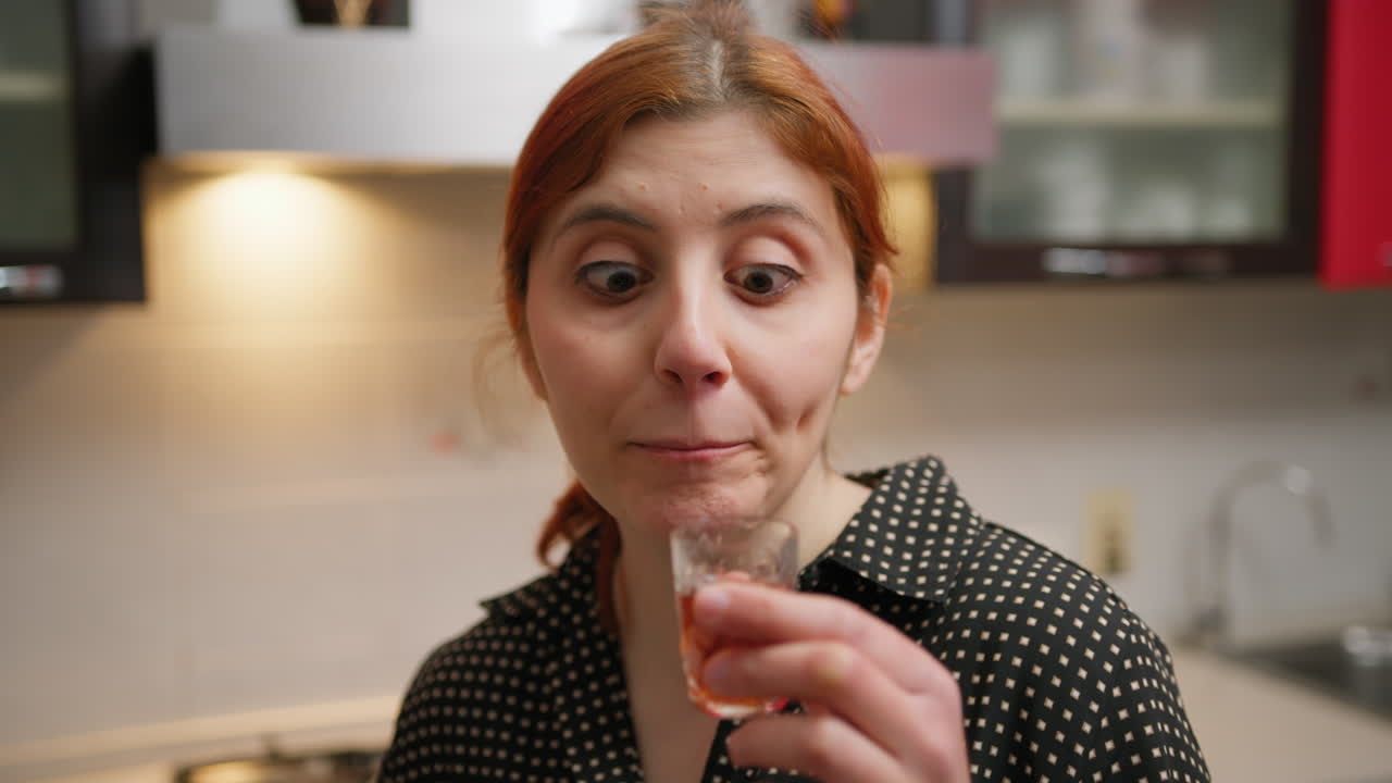 Woman Tastes Tea In A Glass And Smiles In Her House