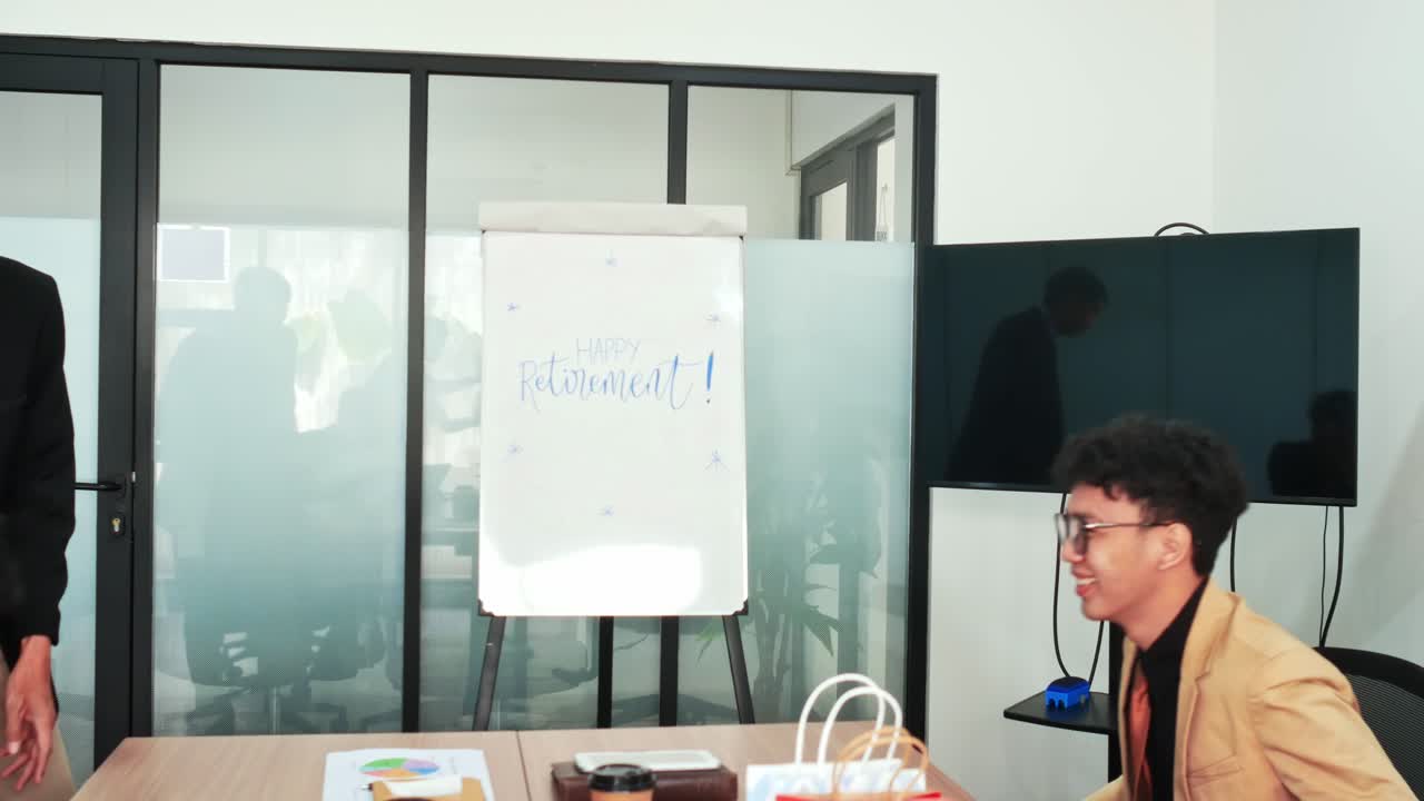 Confident businessmen celebrating successful deal opening with handshake in modern office meeting