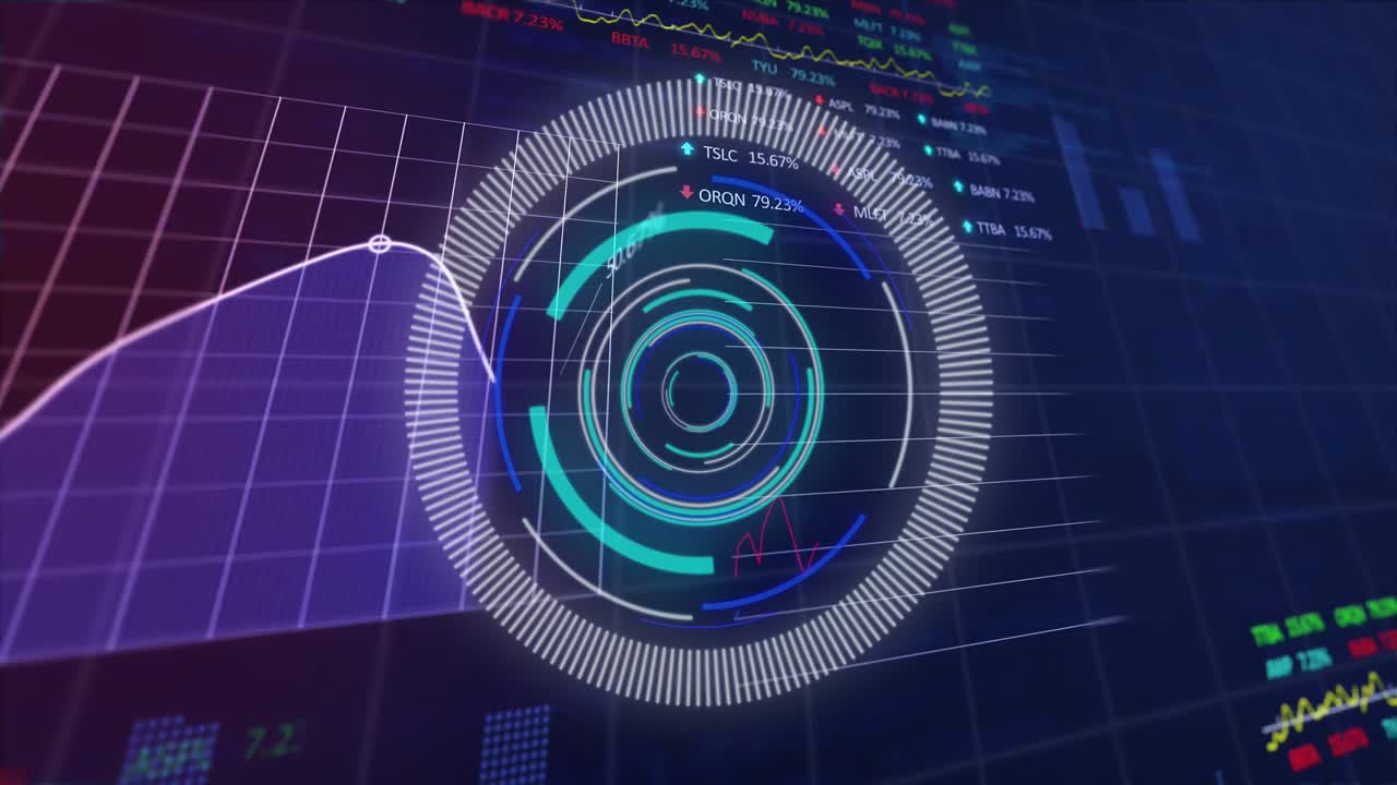 animación de círculos sobre gráficos y tablas de negociación contra un fondo abstracto.