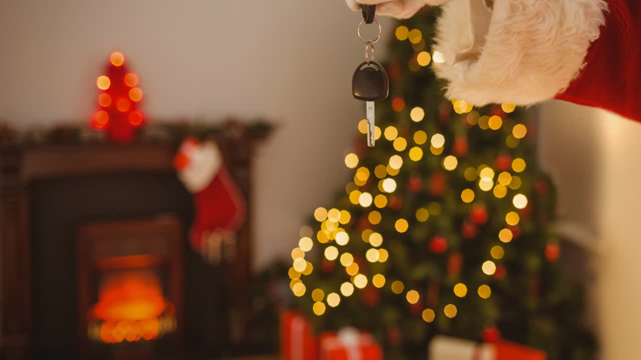 animación de la mano de santa claus sosteniendo las llaves del coche sobre un fondo borroso con decoraciones de navidad