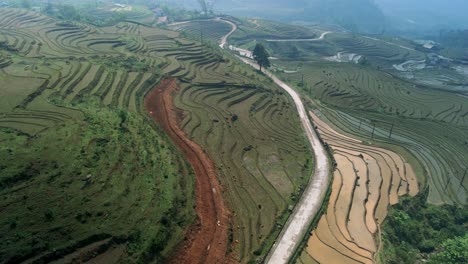 Motorcycle-journey-traveling-through-magical-terraced-water-filled-rice-fields-in-North-Vietnam
