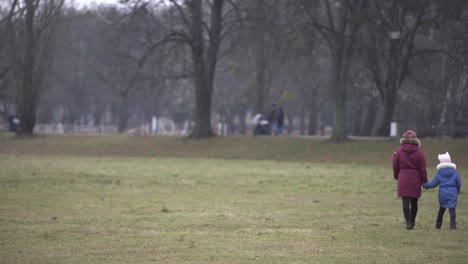 people walk gloomy park in january